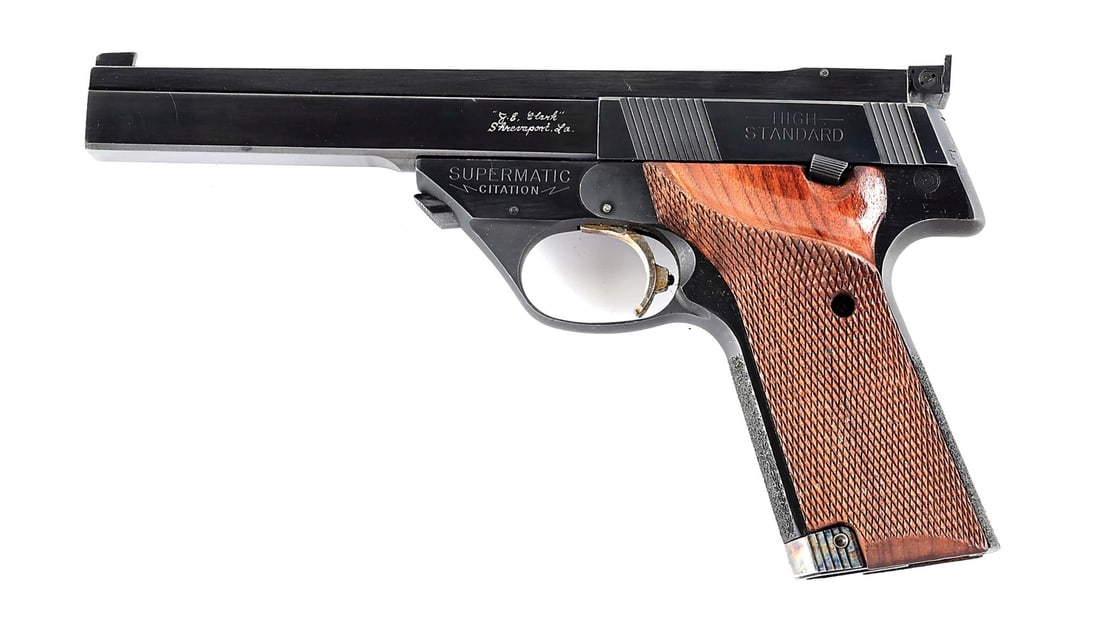 (C) CLARK CUSTOM HI-STANDARD SUPERMATIC CITATION MODEL 106 MILITARY SEMI AUTOMATIC PISTOL.: Manufactured by Hi-Standard circa 1965 as a Model 106 Military Supermatic Citation. Subsequently sent to Clark Custom circa 1966 to have a Clark Custom 5 - 1/2" barrel cut from a Douglas blank and Bo-