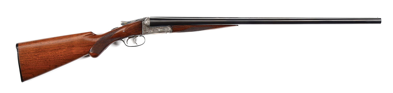 (C) A.H. FOX AE GRADE 12 GAUGE SIDE BY SIDE SHOTGUN.: Circa 1922. Blued Chromox compressed fluid steel barrels with matted rib, single bead sight, and automatic ejectors. "A" grade case hardened boxlock action engraved with standard foliates and geometri