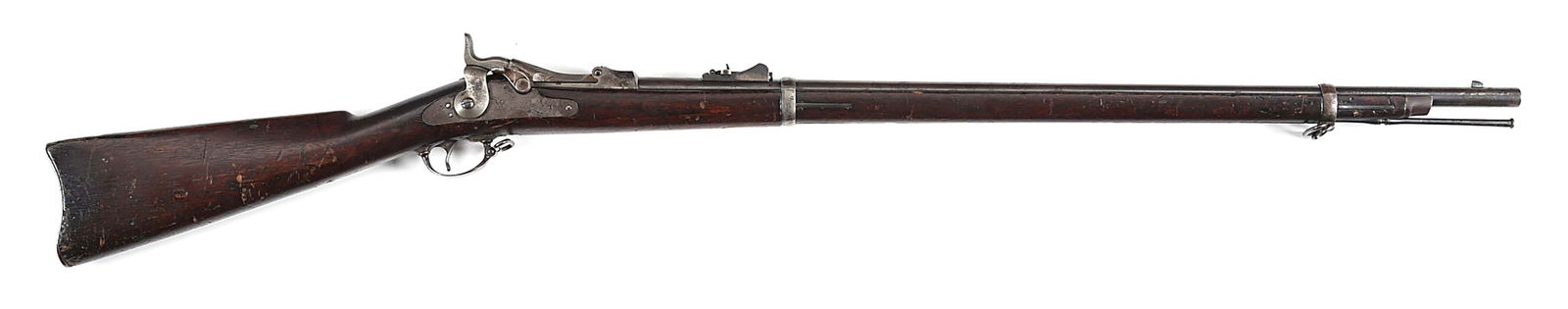 (A) US SPRINGFIELD MODEL 1879 TRAPDOOR RIFLE.: Manufactured in late 1884. Standard proofed blued barrel with bayonet lug front sight and "R" marked rear. Case hardened action with "US / MODEL / 1873" low arch breech block and 3-click tumbler. Full