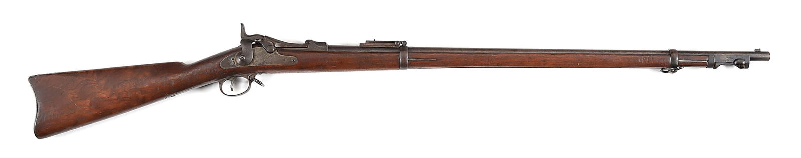 (A) US SPRINGFIELD MODEL 1888 TRAPDOOR RIFLE.: Manufactured in late 1891. Classic configuration with damaged blade front sight, Buffington rear, 1884 low arch breech block, 3-click tumbler, and full length walnut stock in military mounts. No bayon
