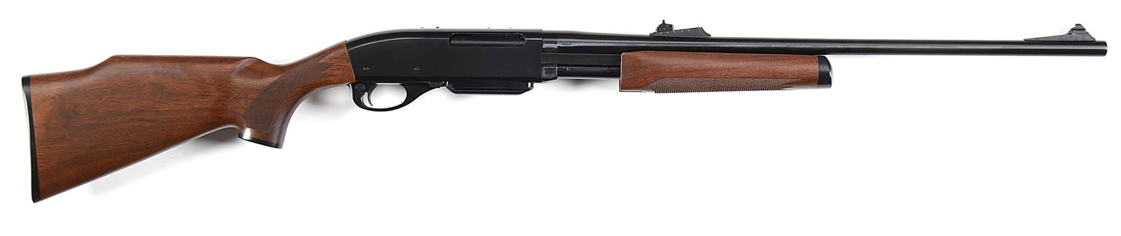 (M) RARE AND DESIRABLE AS NEW IN BOX REMINGTON MODEL 7600 SLIDE ACTION RIFLE IN .35 WHELEN.: Box magazine fed, blue finish, ramp front sight, adjustable rear sight, and checkered walnut stock with pistol grip, Monte Carlo comb, grip cap, and Remington butt plate. Matching forearm has black ti