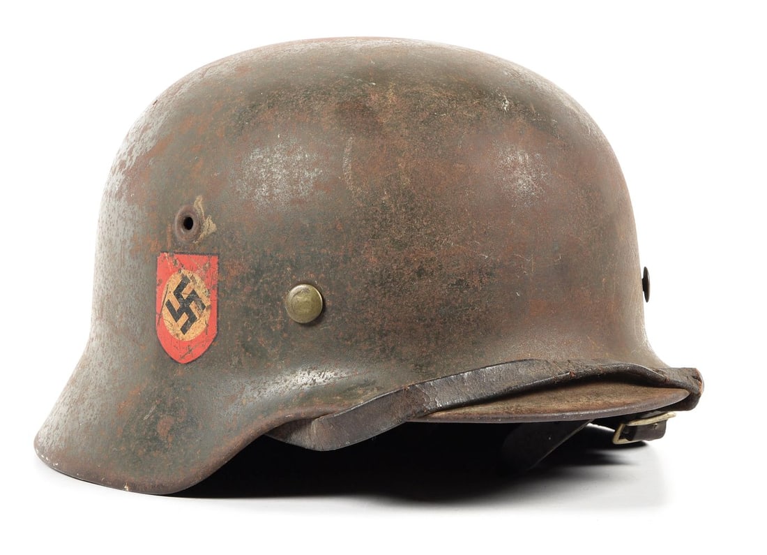 GERMAN WWII POLICE DOUBLE DECAL M40 HELMET.: German World War II Polizei M40 double decal helmet in a shell maker/size "SE66" and lot number of "954". Shell exterior retains approximately 50% of its rough gray-green paint, with freckling, stains
