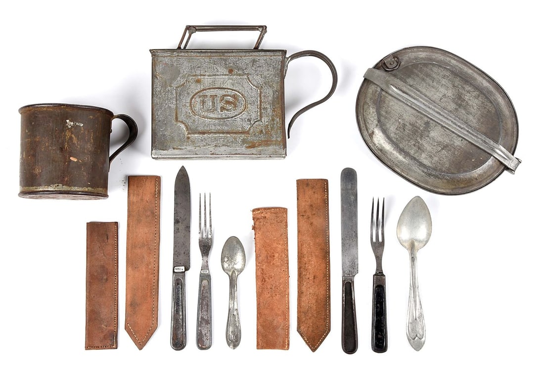 US INDIAN WARS MESS KIT, UTENSILS, CUP, AND MEAT TIN.: Lot consists of: (A) Rare M1872 meat can. This unusual model was produced for only 2 years and was replaced in 1874. The meat can wasn’t part of the mess kit as it was made to hold the uncooked 