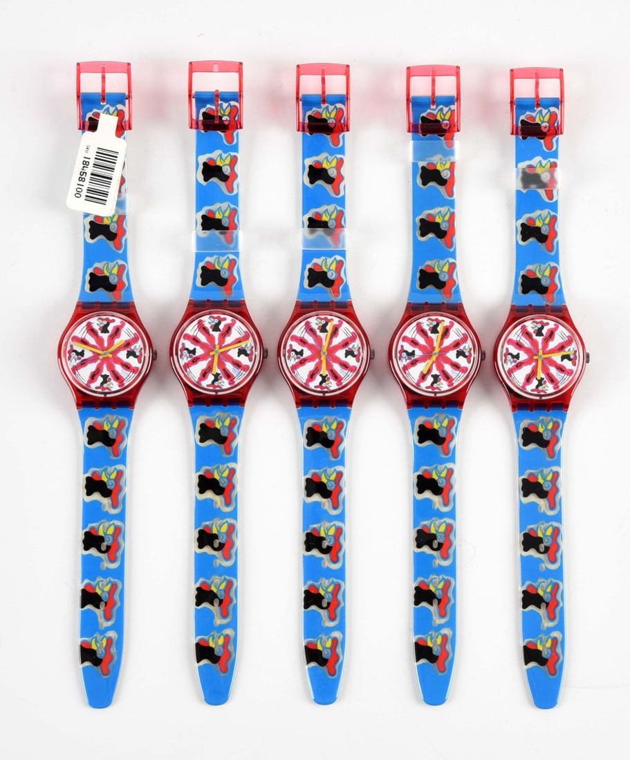 LOT OF 5: STANDARD GENTS SWATCHES: GR112 "Chicchirichi" Standard Gents Swatch Watches. Designed by Massimo Giacon. Issued in 1992. Condition: Excellent Dimensions: Case: 11" x 1" x 12 - 1/2".