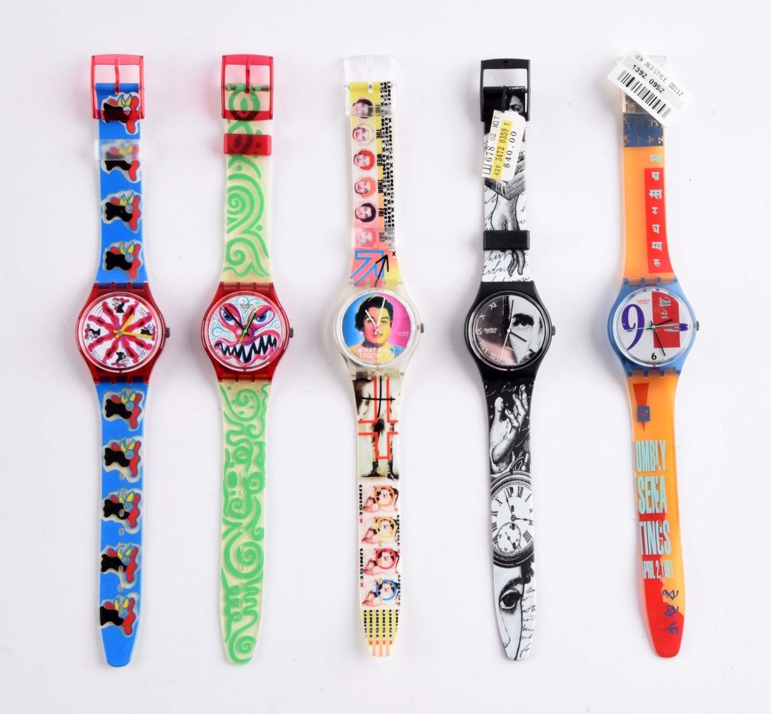 LOT OF 5: STANDARD GENTS SWATCHES: (A) GR112 "Chicchirichi" Standard Gents Swatch Watch. Designed by Massimo Giacon. Issued in 1992. (B) GR121 "Monster Time" Standard Gents Swatch Watch. Designed by Kenny Scharf. Issued in 1994. (C) GK