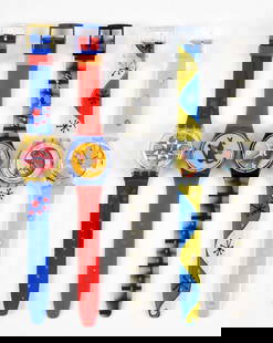 LOT OF 5: STANDARD GENTS SWATCHES: (A) GJ117 "Wild Laugh" Standard Gents Swatch Watch. Designed by Yue Min Jun. Issued in 1996. (B) GN163 "Boxing" Standard Gents Swatch Watch. Designed by Eduardo Arroyo. Issued in 1996. (C) GB168 "Film