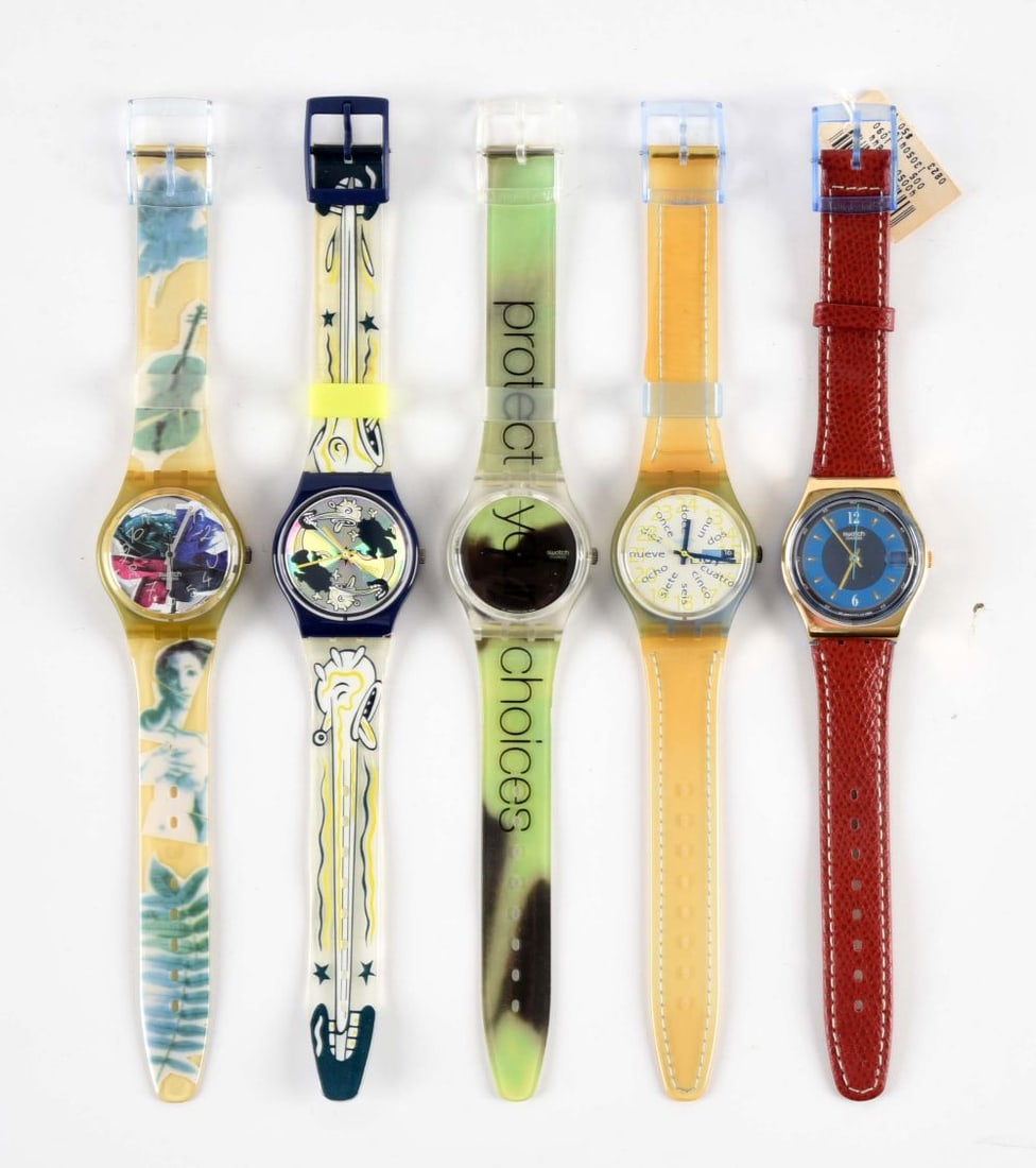 LOT OF 5: STANDARD GENTS SWATCHES: (A) GN122 "Photoshooting" Standard Gents Swatch Watch. Issued in 1992. (B) GN168 "Twitch Twins" Standard Gents Swatch Watch. Designed by Massimo Giacon. Issued in 1997. (C) GK226 "Protect" Standard Ge
