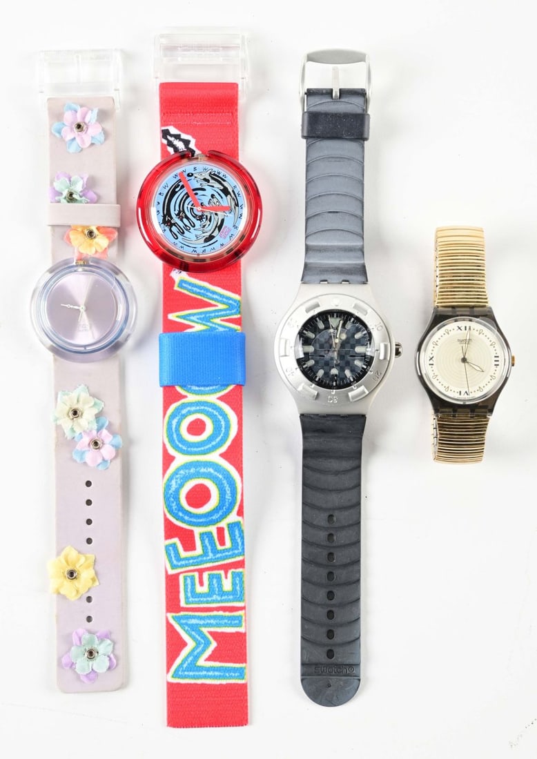 LOT OF 4: IRONY, LUXURY, AND ORIGINALS SWATCHES: (A) GM126/GM127 "Big Rock" Standard Gents Swatch Watch. Issued in 1994. (B) YDS4001 "Vortex-Obscure" Irony Scuba 200. Issued in 1998. (C) PWK156 "Meeoow" Pop Swatch Watch. Designed by Massimo Giacon.