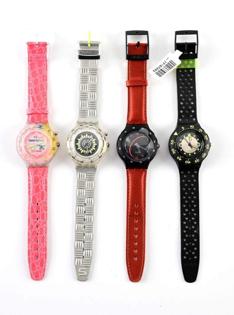 LOT OF 4: SCUBA SWATCHES: (A) SDN900 "Pink Pleasure" Scuba Swatch Watch. Designed by Andrea Arrigoni. Issued in 1996. (B) SDK907 "Walk On" Scuba Swatch Watch. Issued in 1996. (C) SDB109 "Washed Out" Scuba Swatch Watch. Issued