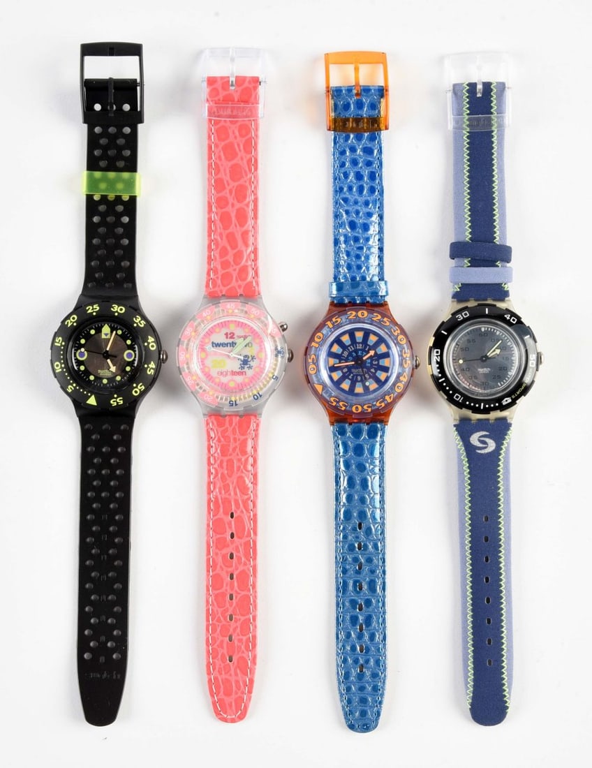 LOT OF 4: SCUBA SWATCHES: (A) SDB102 "Shamu-Black Wave" Scuba Swatch Watch. Issued in 1992. (B) SDN900 "Pink Pleasure" Scuba Swatch Watch. Designed by Andrea Arrigoni. Issued in 1996. (C) SDO100 "Seaclip" Scuba Swatch Watch. I