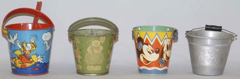 Lot of 4: Tin Litho Sand Pales.: Includes one Walt Disney Mickey Mouse with Mickey, Minnie, Donald and Pluto, one with Donald and nephews, one three little pigs and one silver tin with kids playing on beach. One made by Ohio Art. Eng