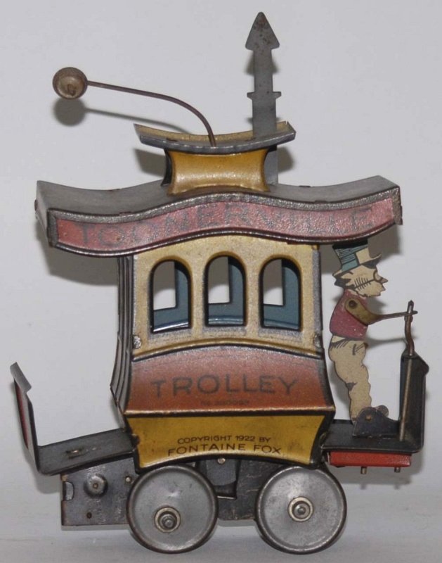 German Tin Litho Wind-Up Toonerville Trolley Toy.: Original pull stack. Stack marked copyright 1922 "Fontaine Fox." Some darkening to litho. Condition (Very Good). Size 7" T. 7" T.