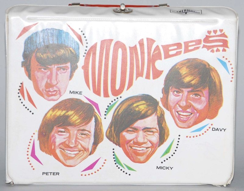 Vintage Vinyl Monkees Lunchbox.: Comes with matching thermos marked "1967 Raybert Productions". Box shows pictures of all four Monkees on front. Some splits in corners and some wear inside. Thermos has cap but has some pitting, litho