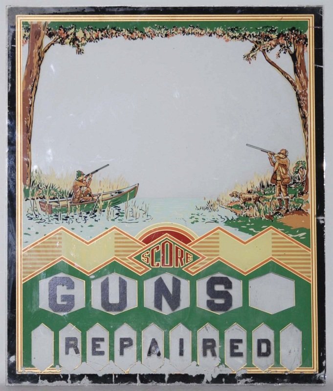 1950s Hunting Scene Pinball Back Glass.: This pinball back glass was later converted into a gun repair shop sign we believe. Moderate loss to edges, but the main image is clean. Condition (Very Good). Size 22 - 1/2" x 19 - 1/2". 22 - 1/2" x 