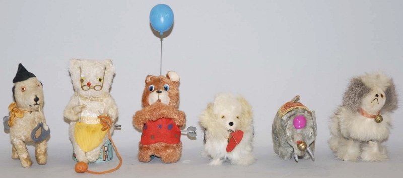 Lot of 6: Japanese Plush Wind-Up Animal Toys.: Includes cat, elephant, dog and others. Condition (Very Good). Size Largest: 6" T. Largest: 6" T.