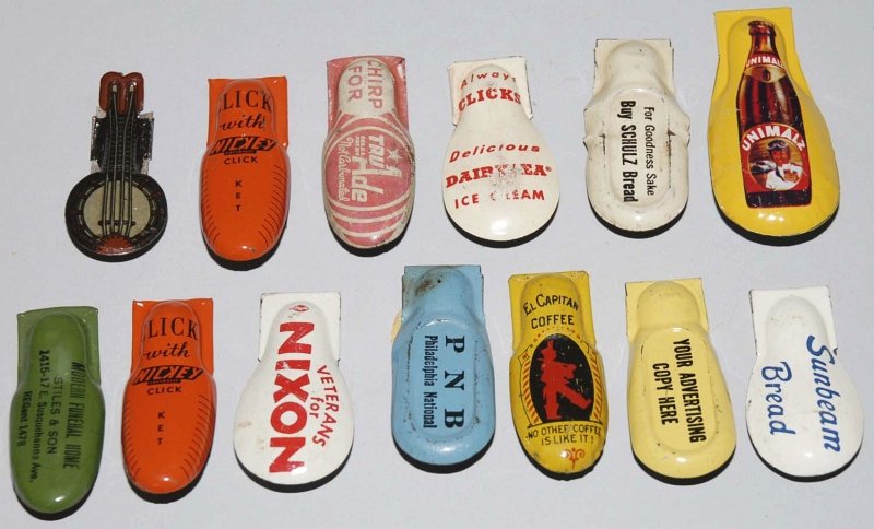 Lot of 14: Early Tin Litho Clicker Toys.: Most have advertising for Poll Parrot Shoes, Drake's Cakes, and other companies. Various conditions. Condition (Very Good). Size Each: 2" L. Each: 2" L.