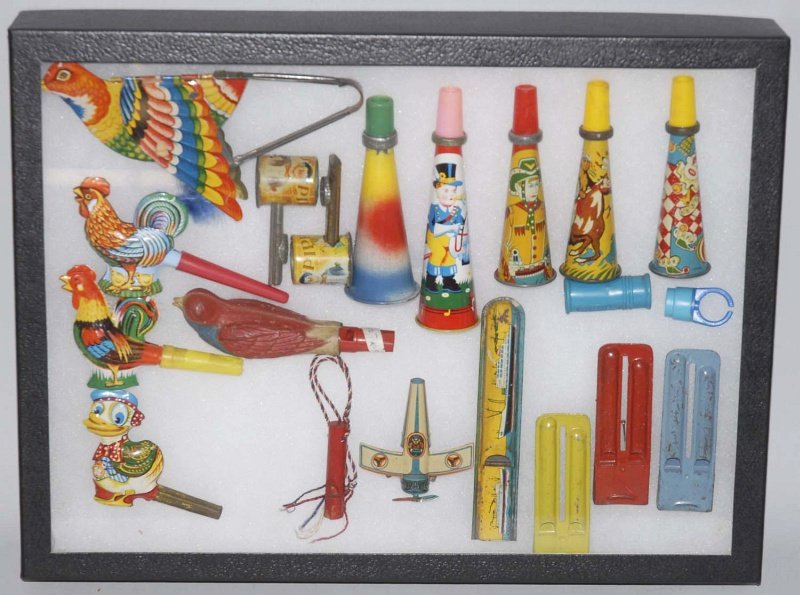 Lot of 18: Tin Litho Whistles.: Nice lithography of animals, one airplane, one ship, and a couple with a cowboy and Indian theme. Various conditions. Condition (Very Good). Size Largest: 6 - 3/4" L. Largest: 6 - 3/4" L.
