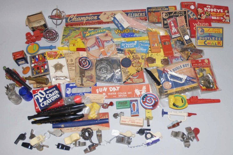Large Lot of Vintage Novelty Toys.: Mostly 1950s. Includes plastic flute toys, boxes of chalk, Jacks sets, a sparkler on original card, and several whistle toys. Some in their original packages. Various conditions. Condition (Very Good)