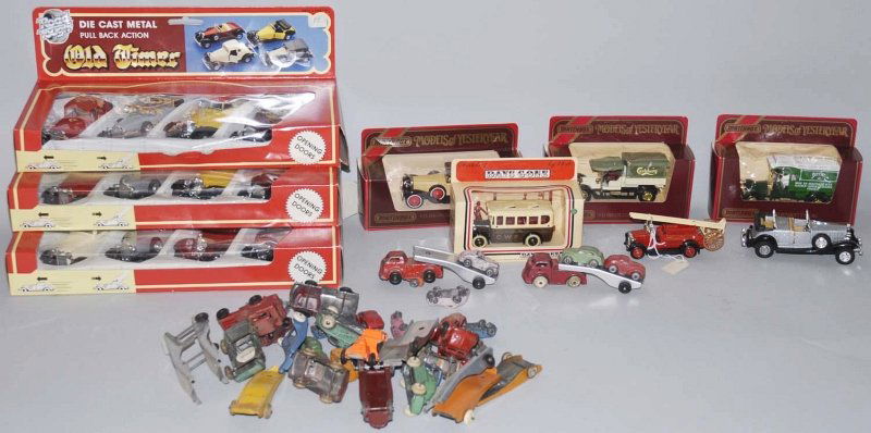 Lot of Vintage & Contemporary Diecast Vehicles.: Includes a couple sets of old-timer cars, some Matchbox Yesteryear models in original boxes, and several Tootsietoy and Slush toy cars and trucks. Various conditions. Condition (Very Good). Size Large