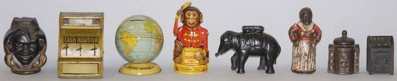 Lot of 8: Assorted Still Banks.: All are original. Condition (Excellent). Size Largest: 5" T. Largest: 5" T.