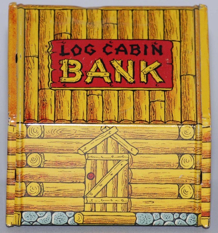 Tin Chein Log Cabin Still Bank.: Dancing man and girl. Condition (Near Mint). Size 3" T.