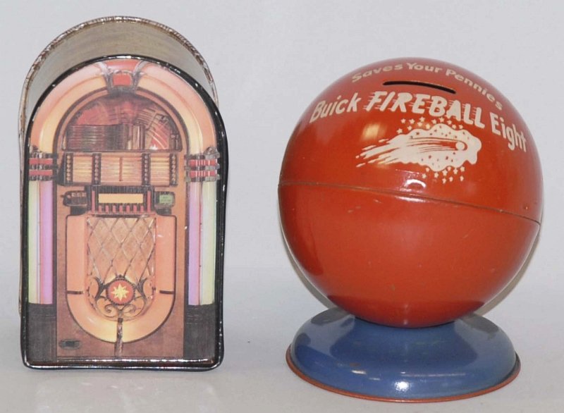 Lot of 2: Tin Banks.: Includes a jukebox and fireball eight. Condition (Excellent). Size Largest: 4 - 1/2" T. Largest: 4 - 1/2" T.