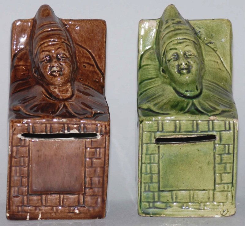 Lot of 2: Pottery Jack-in-the-Box Still Banks.: Condition (Very Good - Excellent). Size Each: 4 - 3/4" T. Each: 4 - 3/4" T.