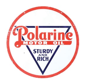 PORCELAIN POLARINE MOTOR OIL "STURDY AND RICH" SIGN.