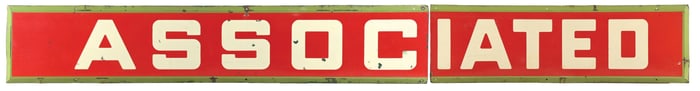 ASSOCIATED GASOLINE TWO PIECE PORCELAIN SERVICE STATION SIGN.