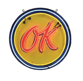 CHEVROLET OK USED CARS PORCELAIN SIGN W/ ADDED NEON.