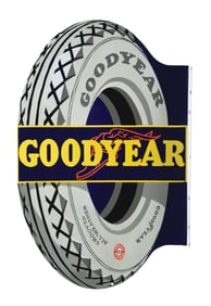 GOODYEAR TIRES PORCELAIN FLANGE SIGN W/ TIRE GRAPHIC.