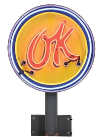 CHEVROLET OK USED CARS PORCELAIN NEON SIGN W/ ORIGINAL CAN & UNIQUE WALL MOUNTING BRACKET.
