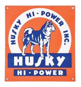HUSKY HI-POWER GASOLINE "LARGE" PORCELAIN PUMP PLATE SIGN W/ HUSKY DOG GRAPHIC.