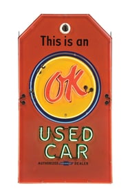 THIS IS AN OK CHEVROLET USED CAR PORCELAIN TAG SIGN W/ ADDED NEON.