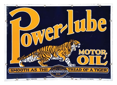 POWERLUBE MOTOR OIL PORCELAIN SIGN W/ TIGER GRAPHIC.