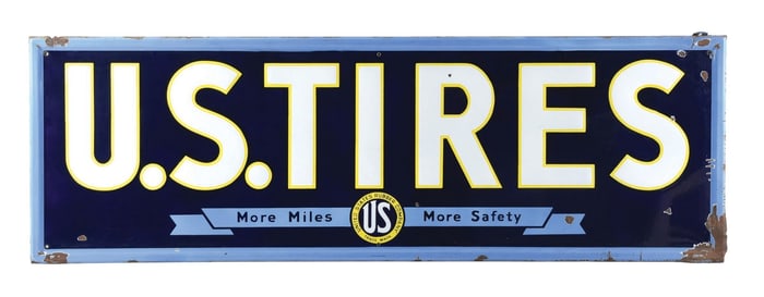 US TIRES PORCELAIN SIGN W/ COMPANY LOGO.