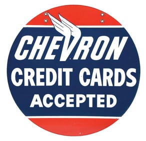 PORCELAIN CEHVRON CREDIT CARDS SIGN W/ WINGED GRAPHIC.