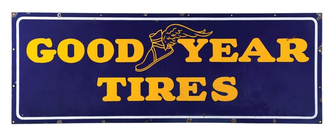 PORCELAIN GOODYEAR TIRES SIGN W/ WINGED FOOT GRAPHIC.