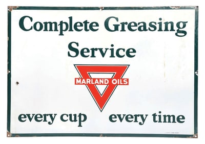 MARLAND OILS COMPLETE GREASING SERVICE PORCELAIN SIGN W/ TRIANGLE GRAPHIC.