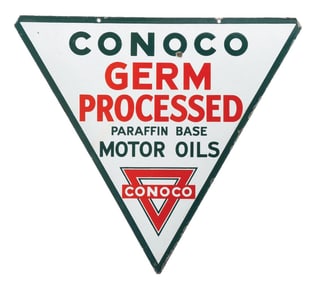 PORCELAIN CONOCO GERM PROCESSED MOTOR OIL TRIANGLE SIGN.