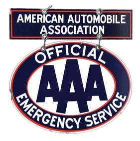 AUTO CLUB EMERGENCY SERVICE PORCELAIN SIGN W/ AMERICAN AUTOMOBILE ASSOCIATION ATTACHMENT SIGN.