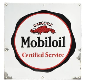 MOBILOIL CERTIFIED SERVICE PORCELAIN SIGN W/ GARGOYLE GRAPHIC.