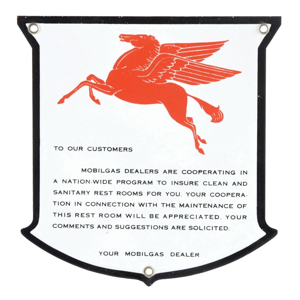 MOBILGAS PORCELAIN REST ROOM SHIELD SIGN W/ PEGASUS GRAPHIC. (1 of 2)
