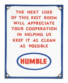 HUMBLE SERVICE STATION REST ROOMS PORCELAIN SIGN.