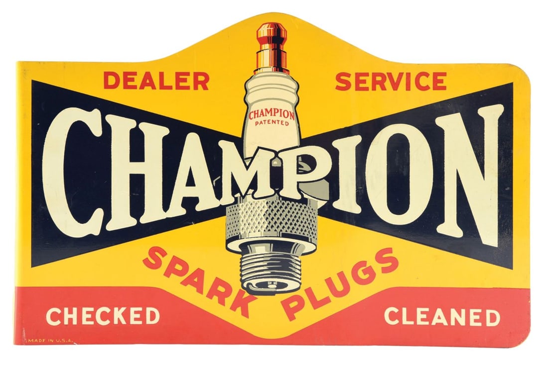 CHAMPION SPARK PLUGS TIN FLANGE SIGN W/ SPARK PLUG GRAPHIC. (1 of 3)
