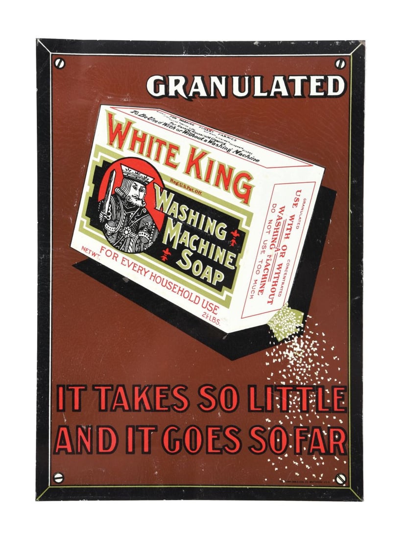 WHITE KING WASHING MACHINE SOAP EMBOSSED TIN SIGN W/ SOAP BOX GRAPHIC.: SST. C. 1920's. Maker Marked Crown Cork & Seal Co., Baltimore. CONDITION: Excellent color & gloss throughout, most likely found New Old Stock showing some light paper markings in the color. Light nick