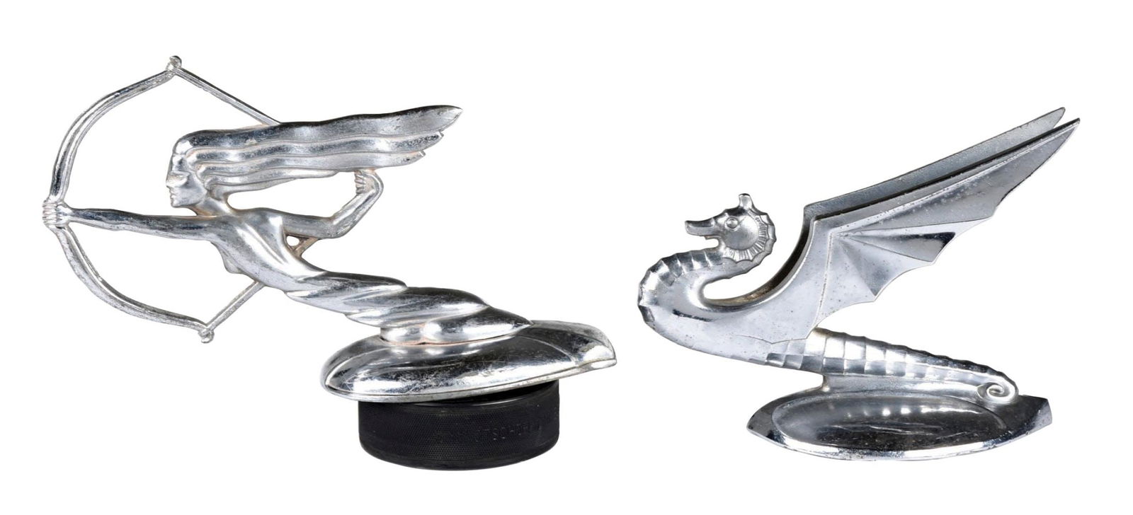 COLLECTION OF TWO: FLYING SEAHORSE & WOMAN ARCHER HOOD ORNAMENTS. (1 of 3)