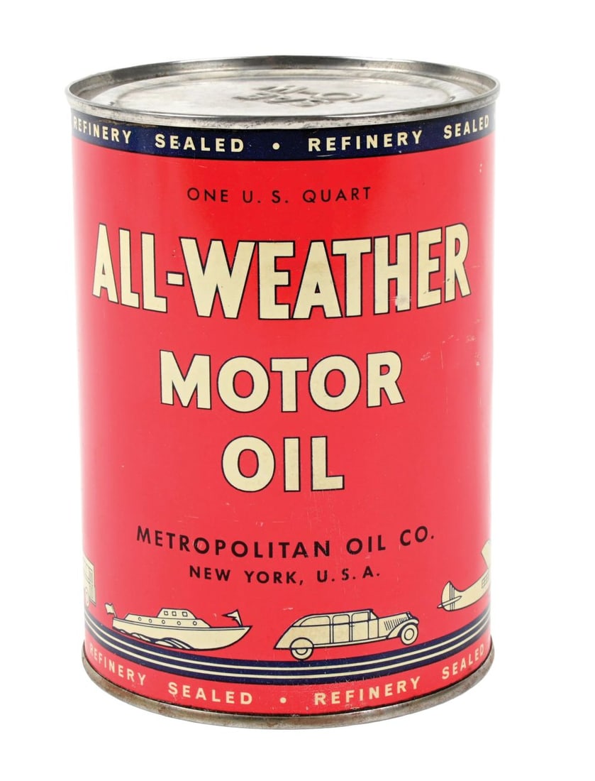 ALL-WEATHER MOTOR OIL ONE QUART CAN W/ CAR, BOAT & AIRPLANE GRAPHICS. (1 of 6)