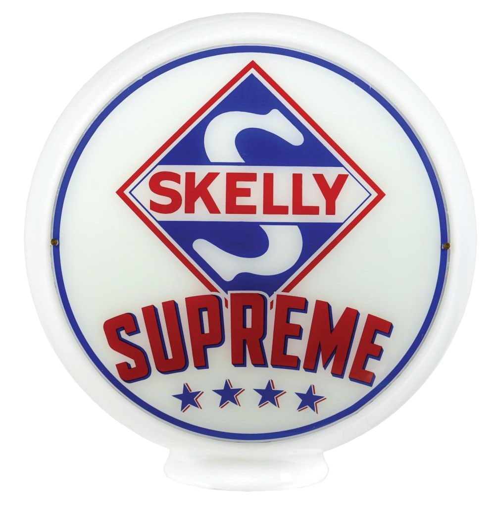 SKELLY GASOLINE COMPLETE 13.5" GLOBE ON WIDE MILK GLASS BODY. (1 of 4)