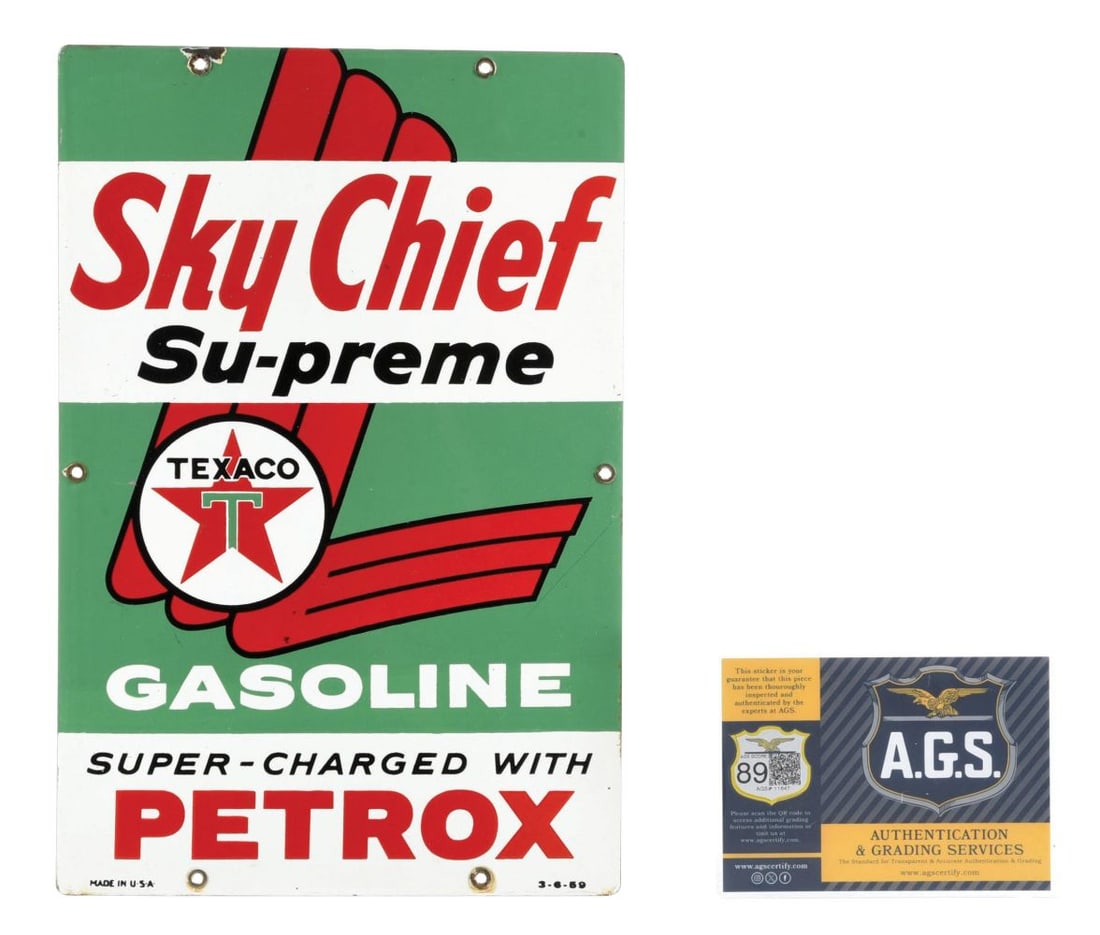 SKY CHIEF SUPREME GASOLINE SUPER CHARGED WITH PETROX PORCELAIN PUMP PLATE. (1 of 2)